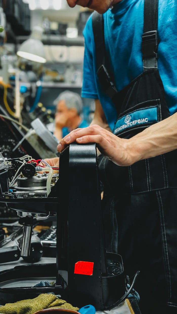 Technician repairing a coffee machine in an industrial workshop with precision.